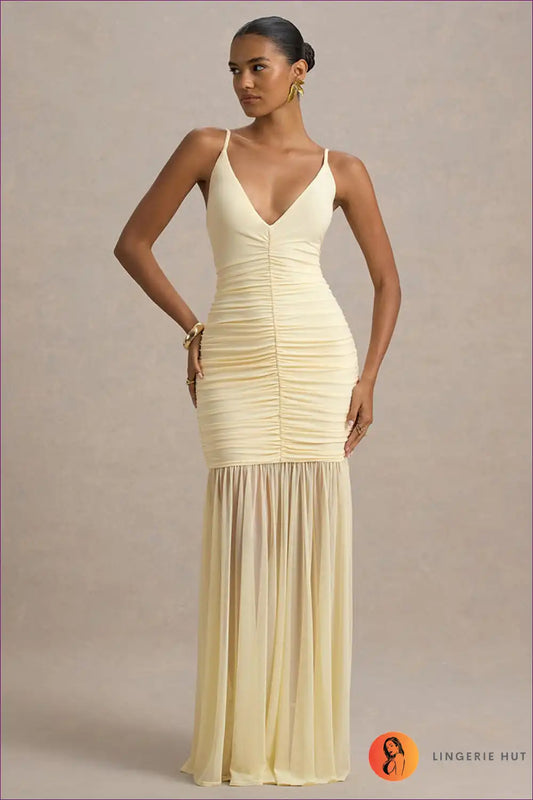 Tulle Plunge Maxi Dress with Ruched Mesh Detail for Backless, Evening Wear, Maxi, Mesh, Party