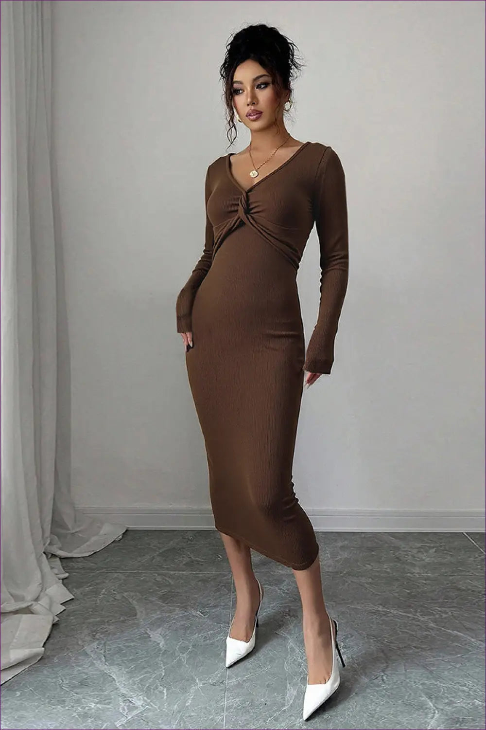 Twist-front Jersey Midi Dress - Understated Elegance - Dresses - Lingerie Hut - All Season • Autumn • Bodycon • Casual
