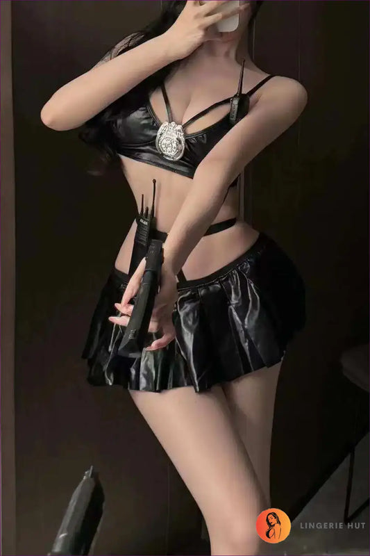 Police Costume with Harness & Pleated Mini Skirt - Fantasy Roleplay Ready - Outfit Set - Lingerie Hut - Boudoir