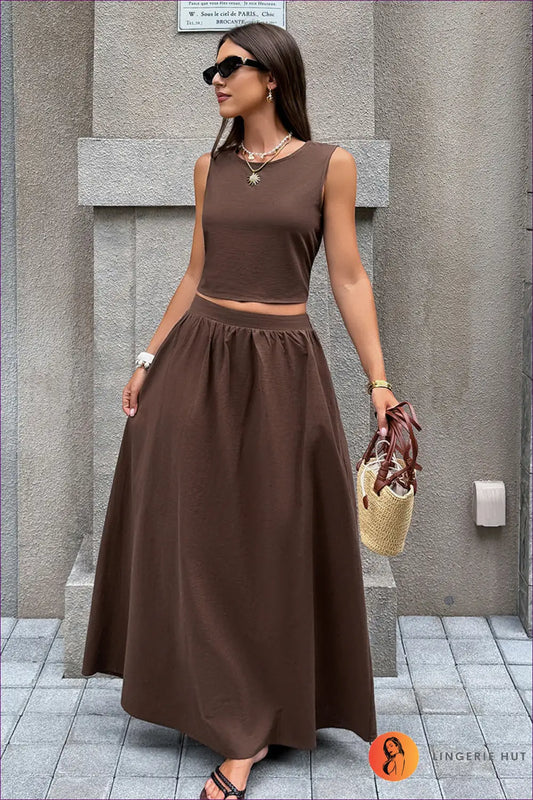 Two-piece Set with Backless Top - Vacation Confidence - s / Brown - co Ord - Lingerie Hut - A-line • Backless