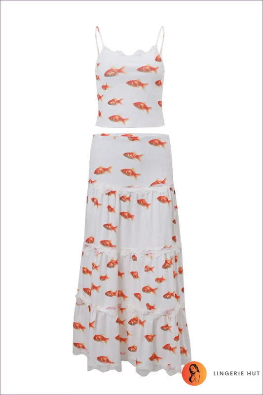 Two-piece Set with Fish Print - Whimsical Weekend - s / White Coat - co Ord - Lingerie Hut - Boho • Casual • Everyday