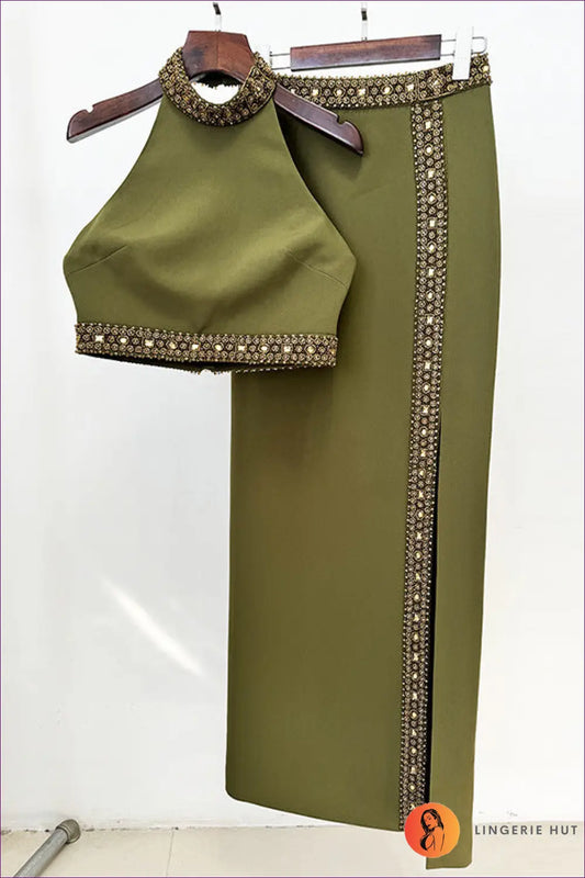 Two-piece Set with Halter Top - Evening Elegance - s / Green - co Ord - Lingerie Hut - Autumn • Cutout • Dress