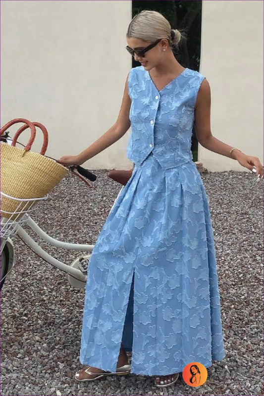 Jacquard co Ord Set with Floral Texture - Garden Party Ready - s / Blue - Lingerie Hut - A-line • Casual • Crop