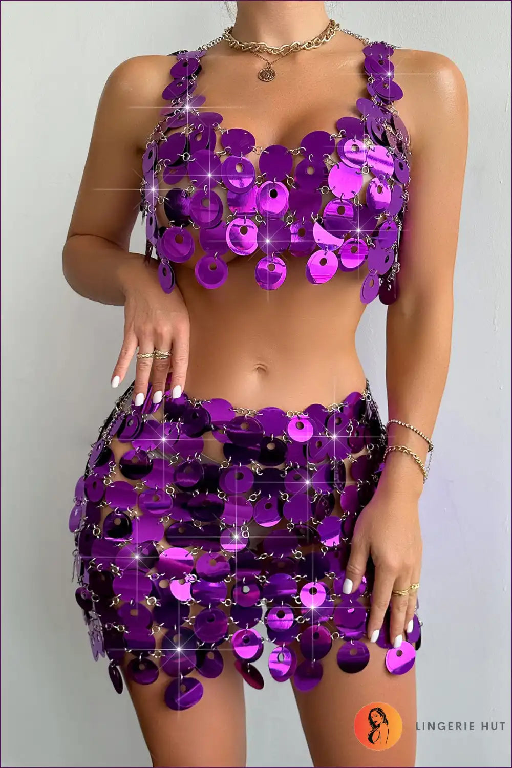 Two-piece Set with Sequin Discs - Disco Glamour for All Season, Clubwear, co Ord, Crop,
