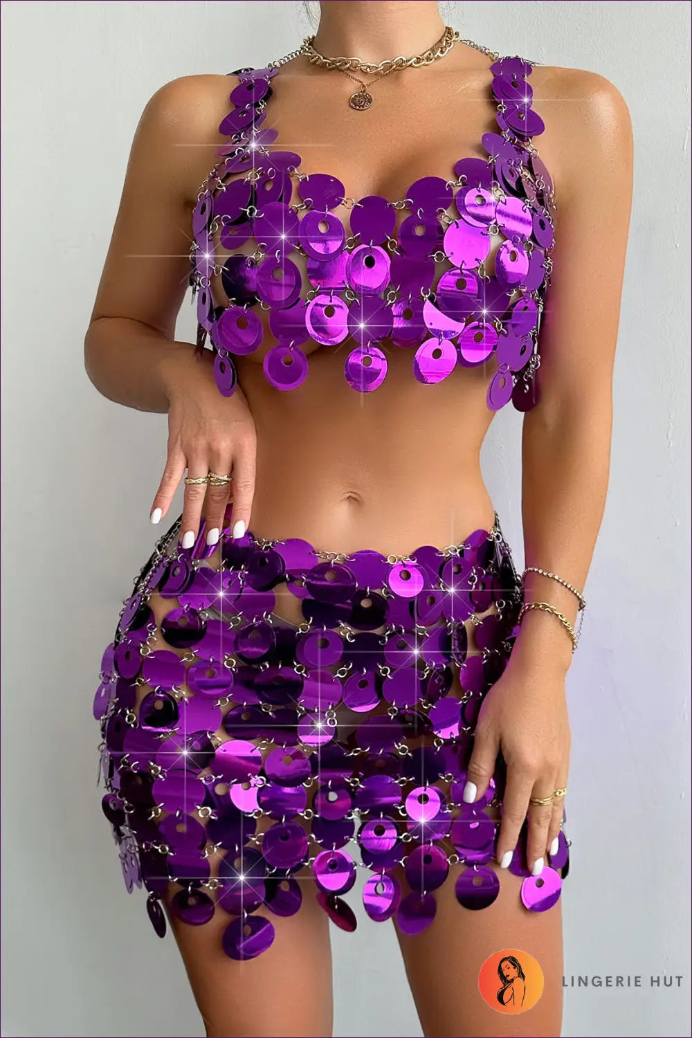 Sequin co Ord Set with Mini Skirt - Disco Mood Party Ready - one Size / Purple - Lingerie Hut - All Season • Clubwear