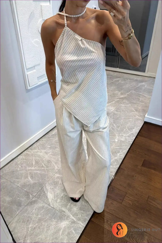 Striped co Ord Set with Asymmetric Halter Top - s / Stripe - Bodysuit - Black • Casual • Clothing • Cutout - Lingerie