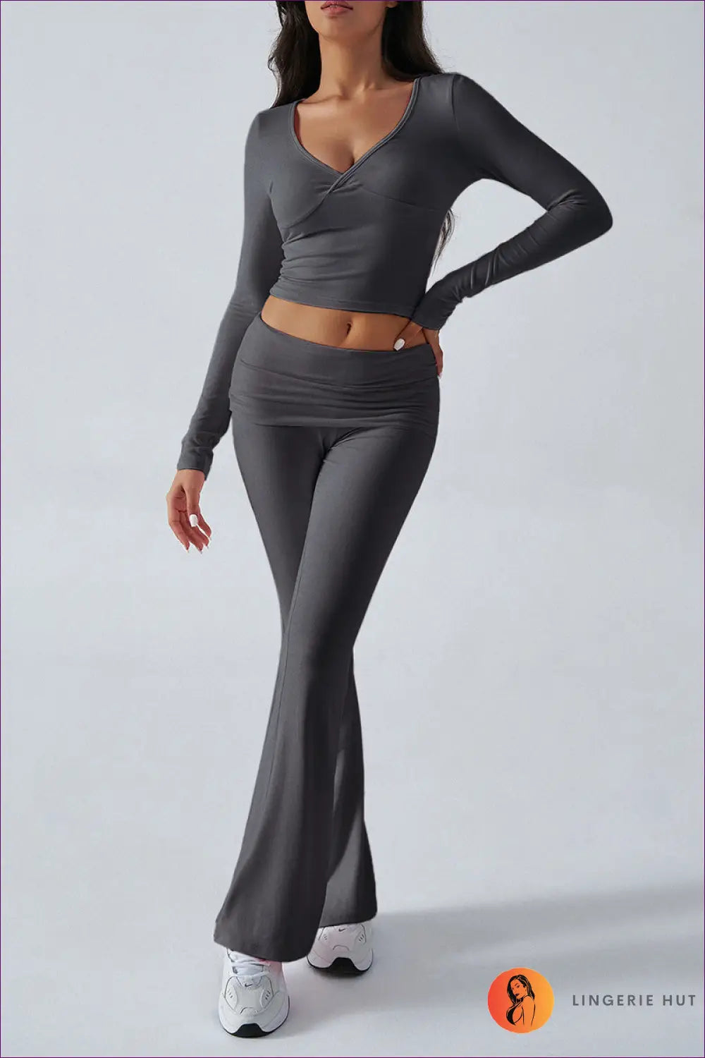 Co Ord Set with Wrap Top & Flared Trousers - Effortless Everyday Style - Xs / Dark Grey - Lingerie Hut - All Season