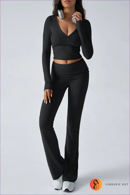 Co Ord Set with Wrap Top & Flared Trousers - Effortless Everyday Style - Lingerie Hut - All Season • Autumn • Casual