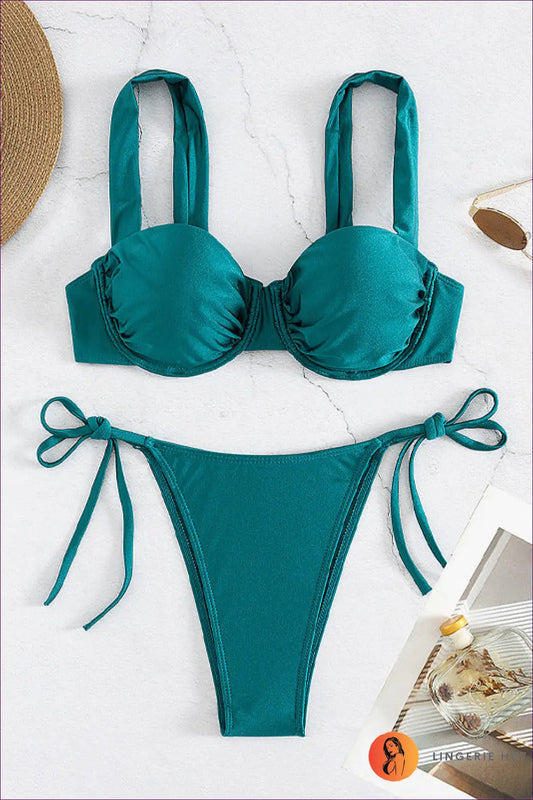 Underwire Ruched Bikini with Tie-side Bottoms - Riviera Days - s / Peacock Green - Beachwear • Boho • just in • Sexy