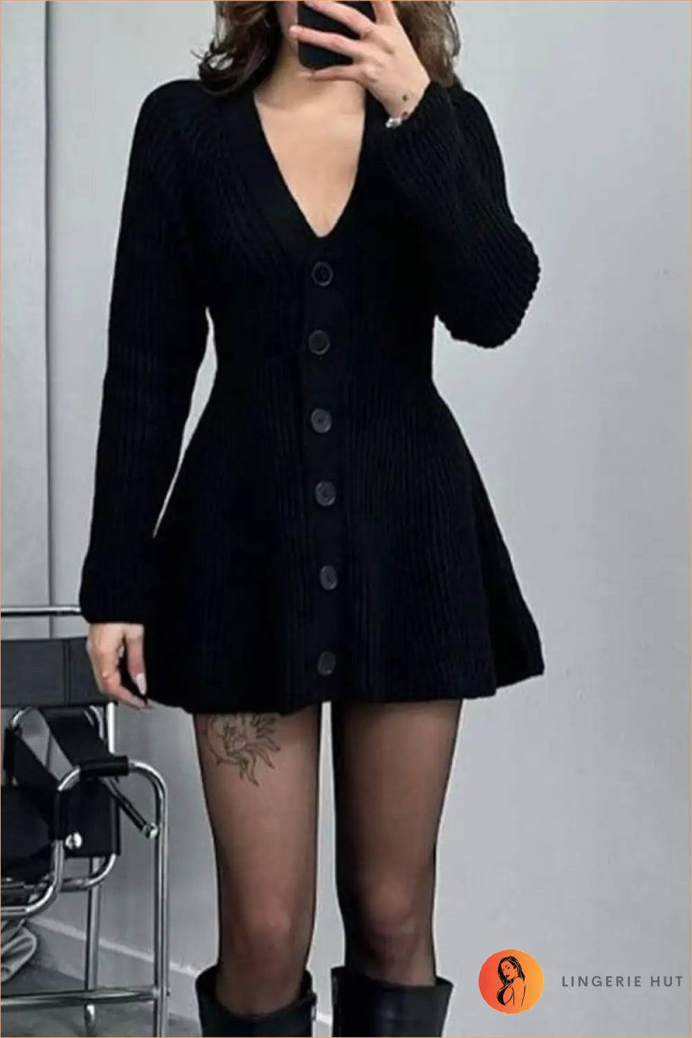 V-neck Sweater Mini Dress - Effortless Everyday Glamour - s / Black - Dresses - Button Front • Casual • Clothing