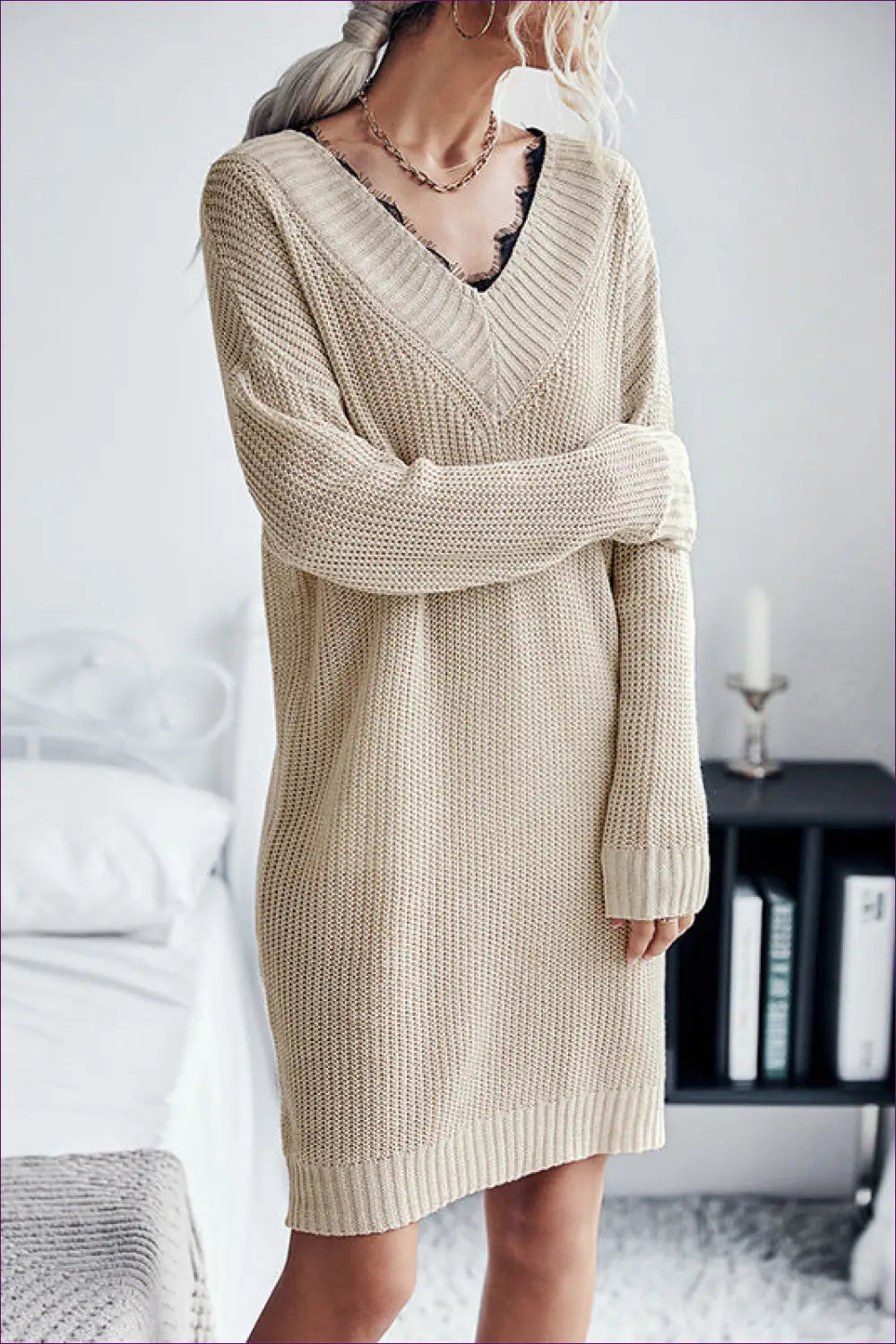 V-neck Knit Sweater Dress with Lace Trim - Cozy Home Lounging - Dresses - Clothing • Everyday • Jersey • Lace