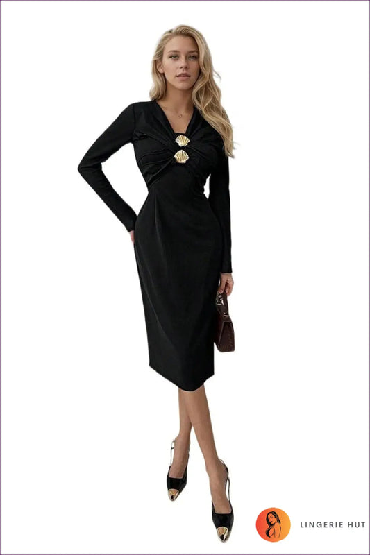 V-neck Midi Dress with Gold Fastener - Modern Day Chic - s / Black - Dresses - Lingerie Hut - Autumn • Bodycon
