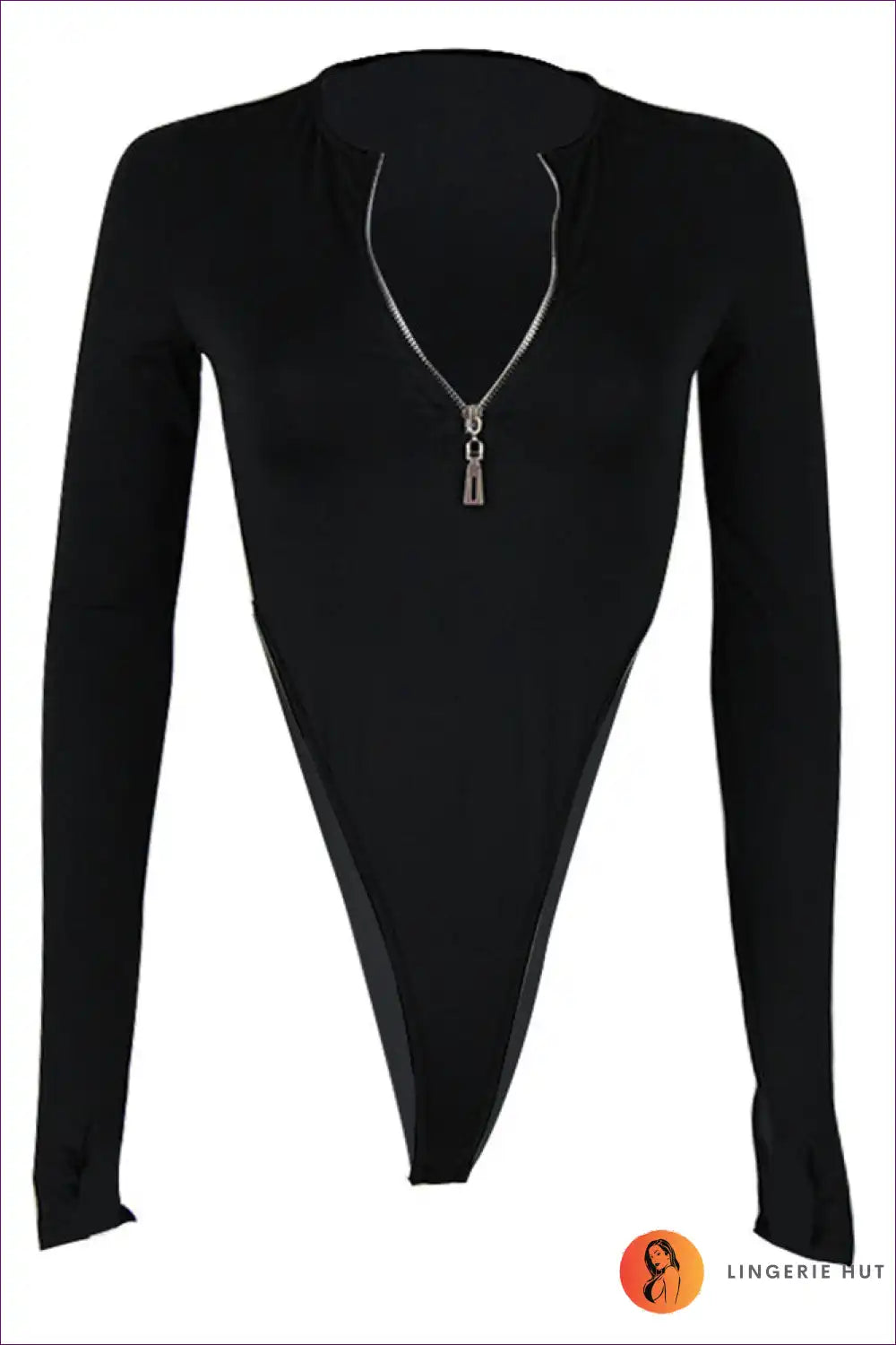 Get Ready To Turn Heads With Our v Neck Zip High Cut Long Sleeve Thong Bodysuit. Feel Both Sexy