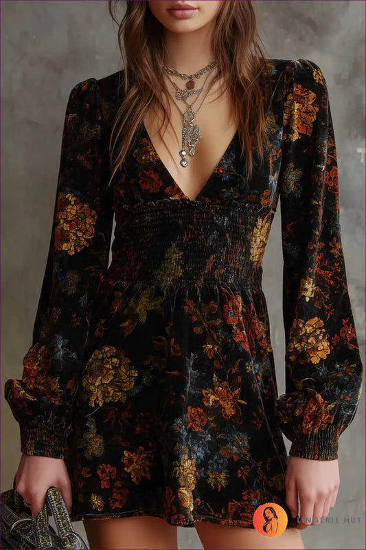 Velvet Floral Mini Dress with Smocked Waist - Autumn Romance - s / Multi - Dresses - Lingerie Hut - A-line • Autumn