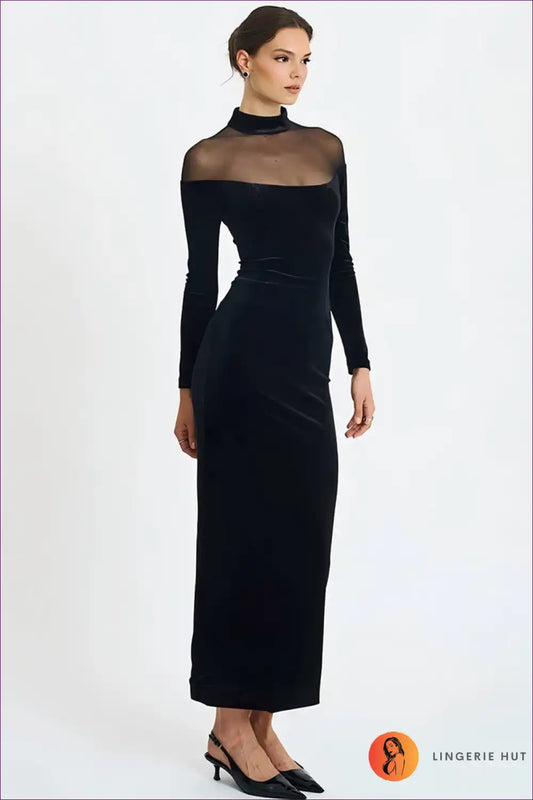 Velvet and Lace Bodycon Maxi Dress with Sheer Panelling for Bodycon, Evening Wear, Lace, Maxi, Night