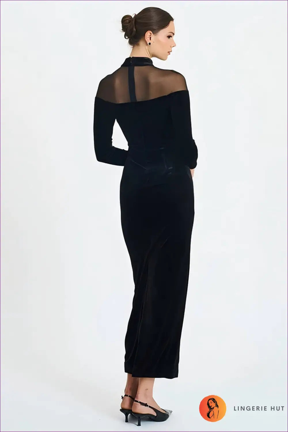 Velvet and Lace Bodycon Maxi Dress with Sheer Panelling - Dresses - Lingerie Hut - All Season • Bodycon • Dress