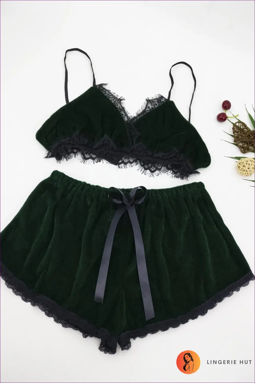 Velvet Lace Trim Pyjama Set - Off-duty Comfort at Home - s / Dark Green - Lingerie Hut - All Season • Casual • Lace