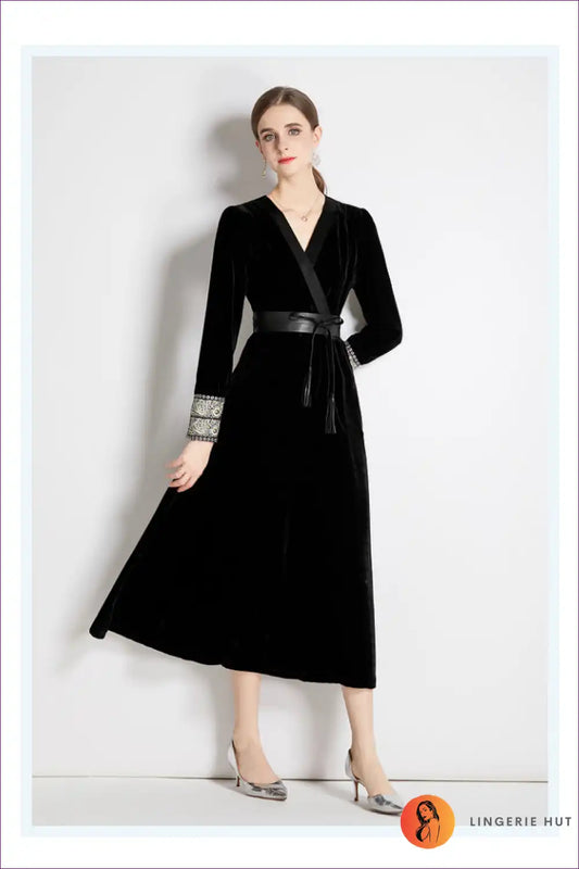 Velvet Midi Dress with Belt - Evening Elegance for a Line, Date Night, Dresses, Evening Wear, Formal Wear