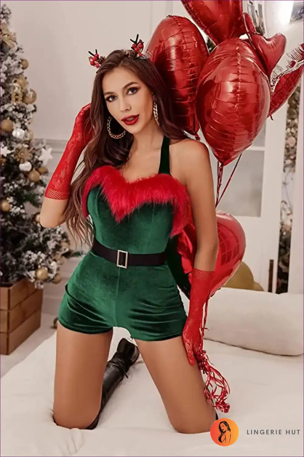 Celebrate The Season With Lingerie Hut’s Velvet Mrs. Claus Romper. a Halter Top Design Faux Fur Trim Adds