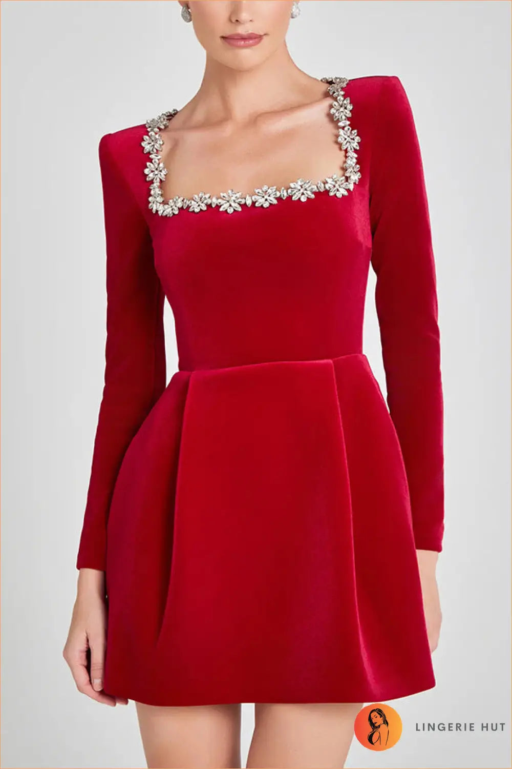 Velvet Square Neck Mini Dress with Embellished Neckline - Party Ready - s / Red - Dresses - Lingerie Hut - A-line