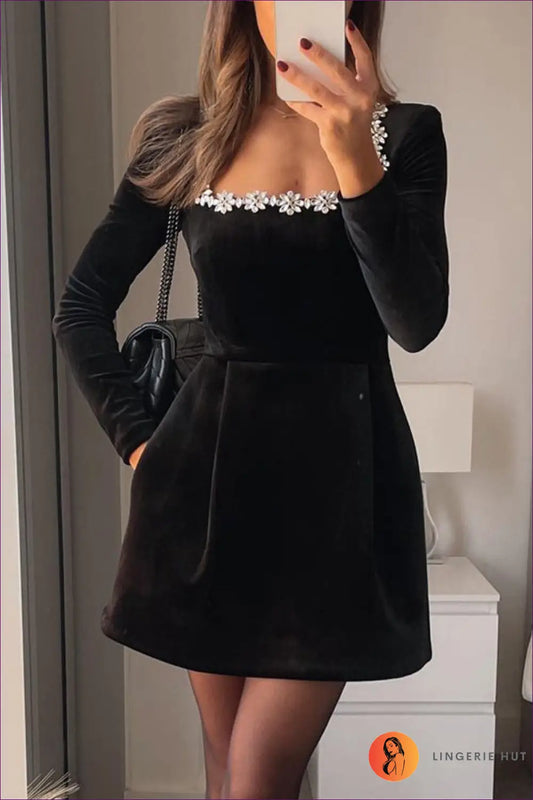 Velvet Square Neck Mini Dress with Embellished Neckline - Party Ready - s / Black - Dresses - Lingerie Hut - A-line