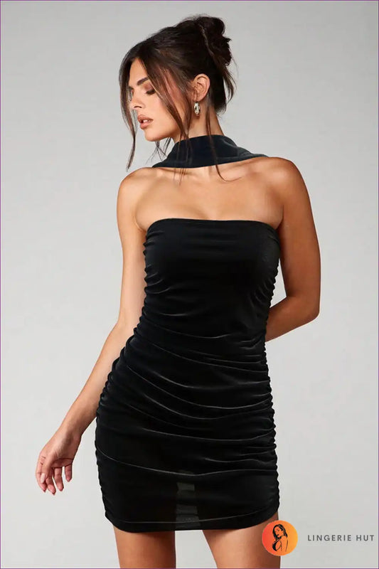 Velvet Strapless Bodycon Mini Dress with Choker - Night out for Bodycon, Choker, Clubwear, Date Night,