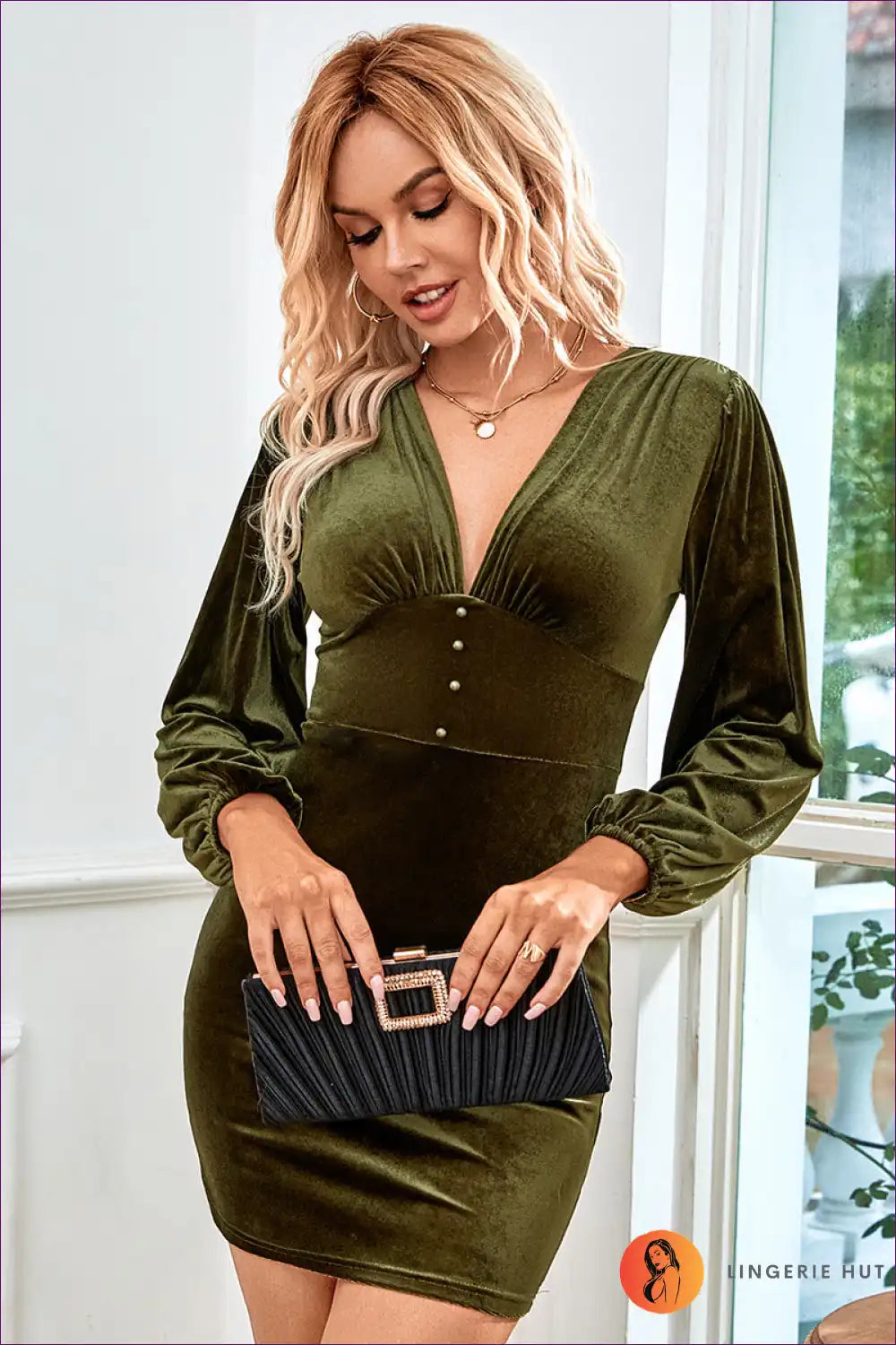 Wrap Yourself In The Embrace Of Elegance With Lingerie Hut’s Velvet V-neck Bodycon. Its Luxurious Fabric