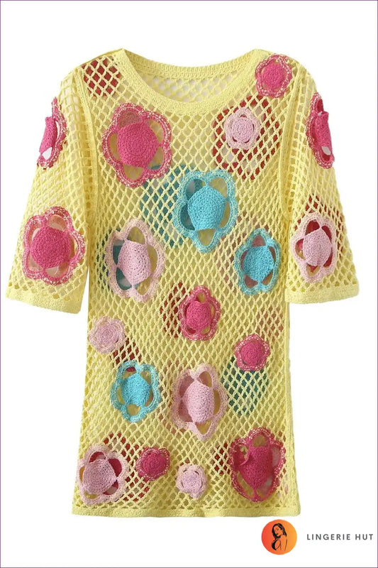 Embrace Your Seductive Side With Our Vibrant Mesh Crochet Color Short Bodycon Dress. Designed To Make