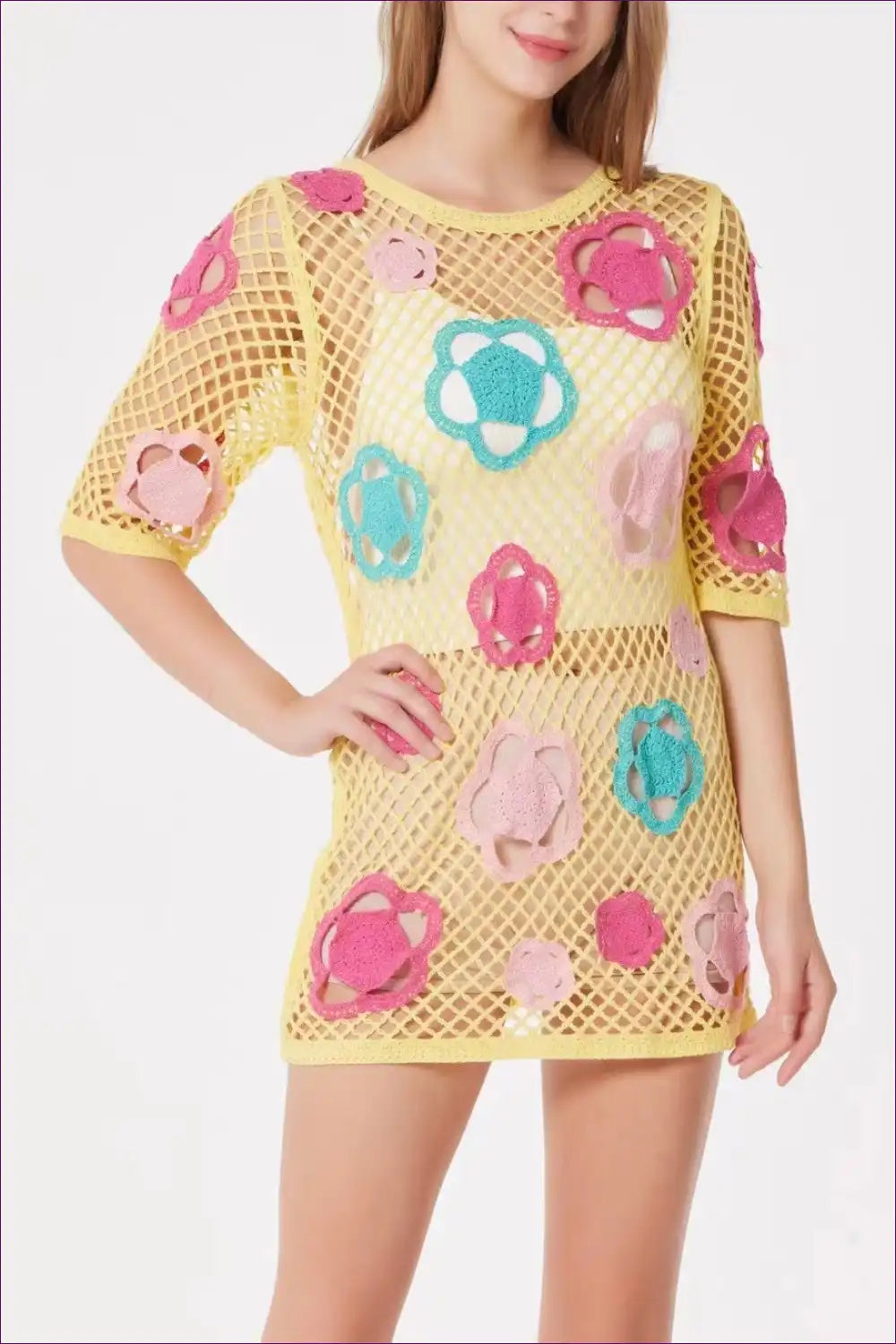 Embrace Your Seductive Side With Our Vibrant Mesh Crochet Color Short Bodycon Dress. Designed To Make