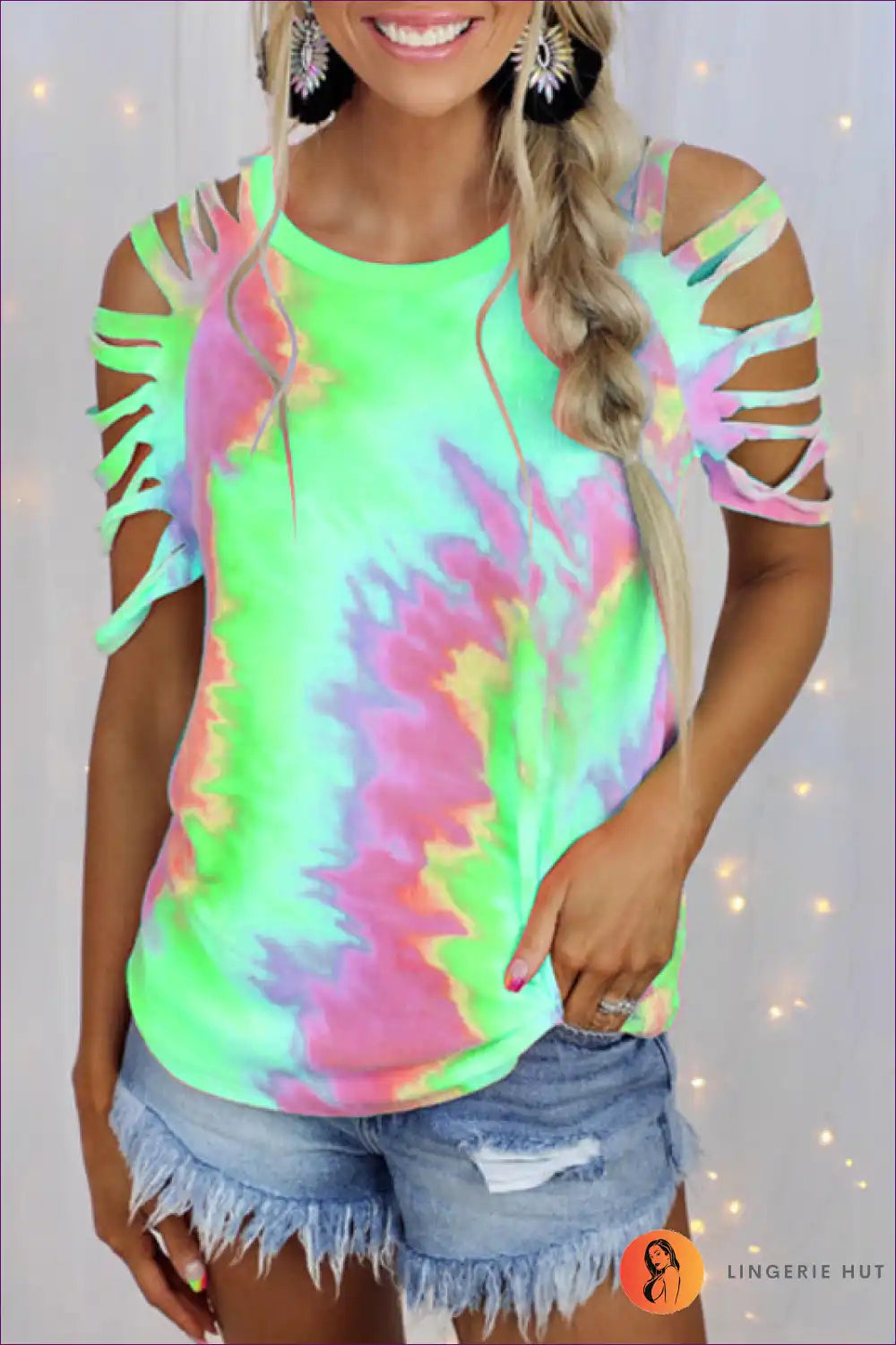 Stay Stylish And Comfortable In Our Sexy Tie Dye Off-shoulder T-shirt. Embrace The Latest Trend While Exuding