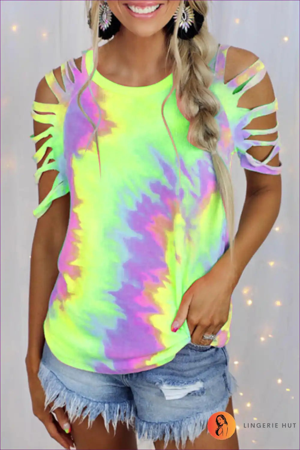 Stay Stylish And Comfortable In Our Sexy Tie Dye Off-shoulder T-shirt. Embrace The Latest Trend While Exuding