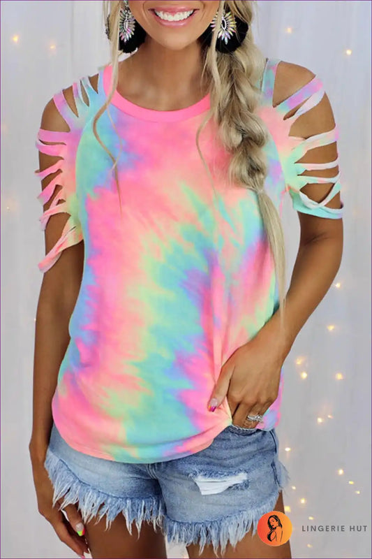 Stay Stylish And Comfortable In Our Sexy Tie Dye Off-shoulder T-shirt. Embrace The Latest Trend While Exuding