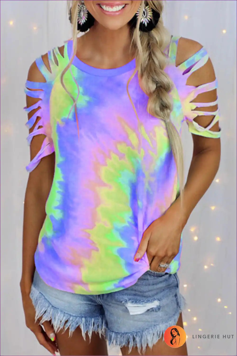 Stay Stylish And Comfortable In Our Sexy Tie Dye Off-shoulder T-shirt. Embrace The Latest Trend While Exuding