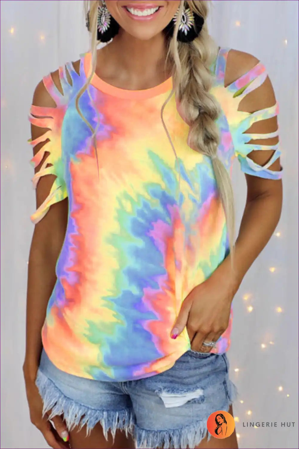 Stay Stylish And Comfortable In Our Sexy Tie Dye Off-shoulder T-shirt. Embrace The Latest Trend While Exuding