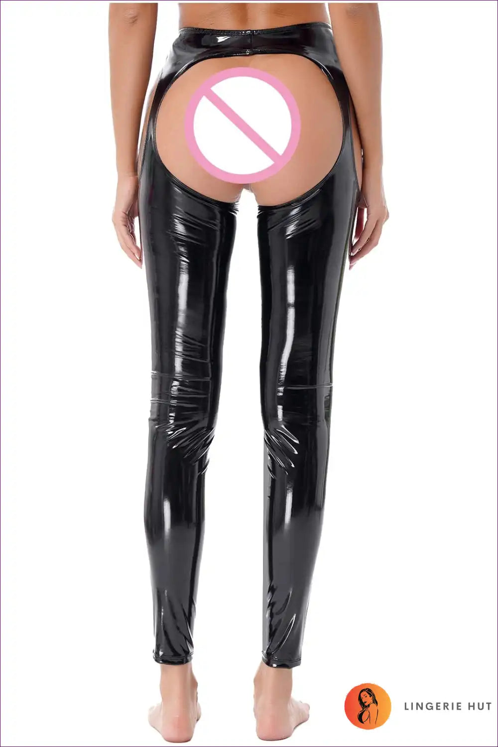 Step Out In Sultry Style With Our Wet Look Crotchless Leggings. High Waist, Plain Black Design, And Crotchless