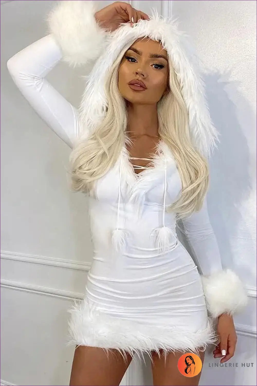 Furry Mini Dress - Luxe Winter Party Glamour - White / s - Dresses - Lingerie Hut - Date Night