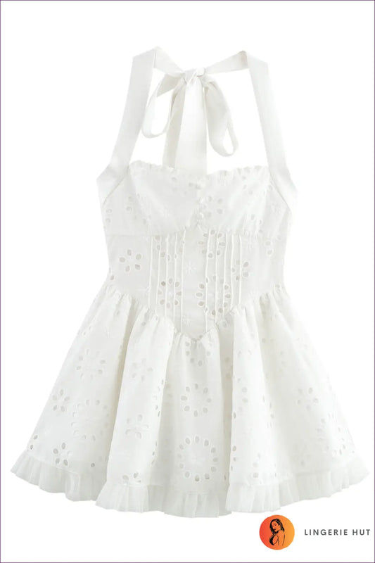 White Halter Eyelet Lace Mini Dress - Tulle Frill Hem - Boho • Elegant • Fishnet • Friday