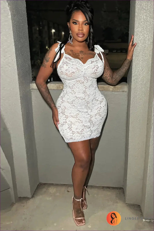 White Lace Tie-shoulder Bodycon Mini Dress - Floral - Clubwear • just in - Nazada