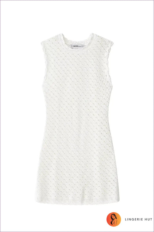 White Open-knit Mini Dress - Frill Neck & Scalloped Hem - s / Ivory - Boho • Elegant • Everyday • Jersey - Shell