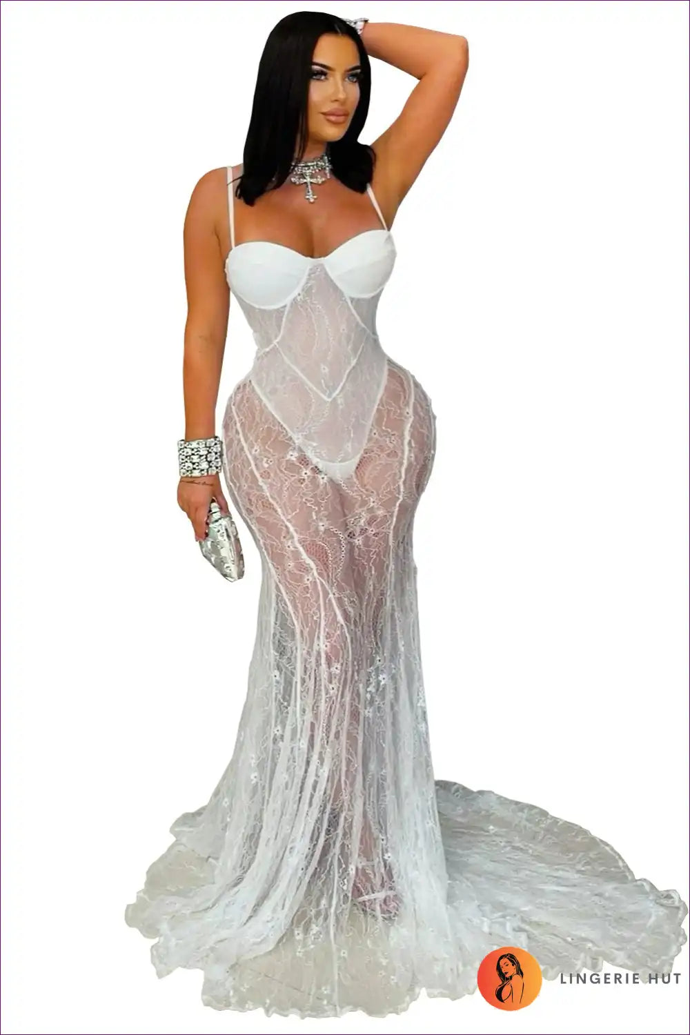 White Sheer Lace Sweetheart Maxi Dress with Fishtail Hem for Bodycon, Bridal, Dresses, Evening Wear, Formal