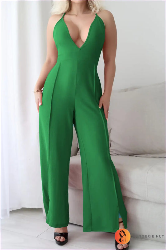 Wide Leg Jumpsuit with Deep V-neck - Effortless Summer Style - Lingerie Hut - Backless • Casual • Cutout • Evening Wear