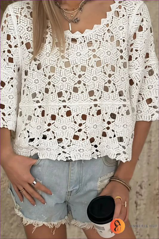 Crochet Knit Top with Scalloped Trim - Easy Summer - s / White - Beachwear • Boho • Casual • Cover Up • Lingerie Hut