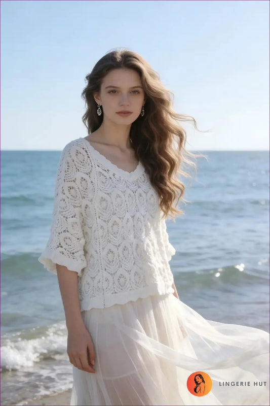 Knit V-neck Top with Scalloped Sleeves - Holiday Ease - s / White - Beachwear • Boho • Casual • Cover Up • Crochet