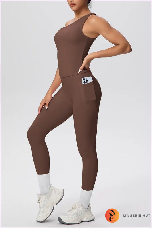 Workout Set with Asymmetric Top - Athletic Confidence for Activewear, All Season, Casual, co Ord, Cutout