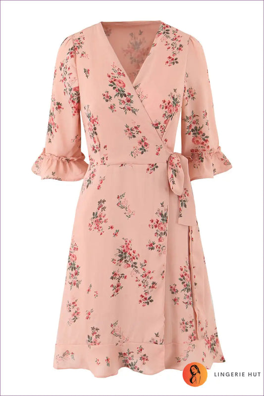 Wrap Dress with Floral Print - Effortless Garden Party for A-line, Boho, Casual, Dress, Everyday