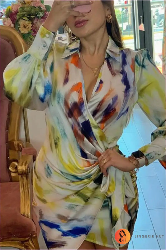Abstract Print Wrap Dress with Long Sleeves - Boho • Casual • Chiffon • Clothing • Lingerie Hut