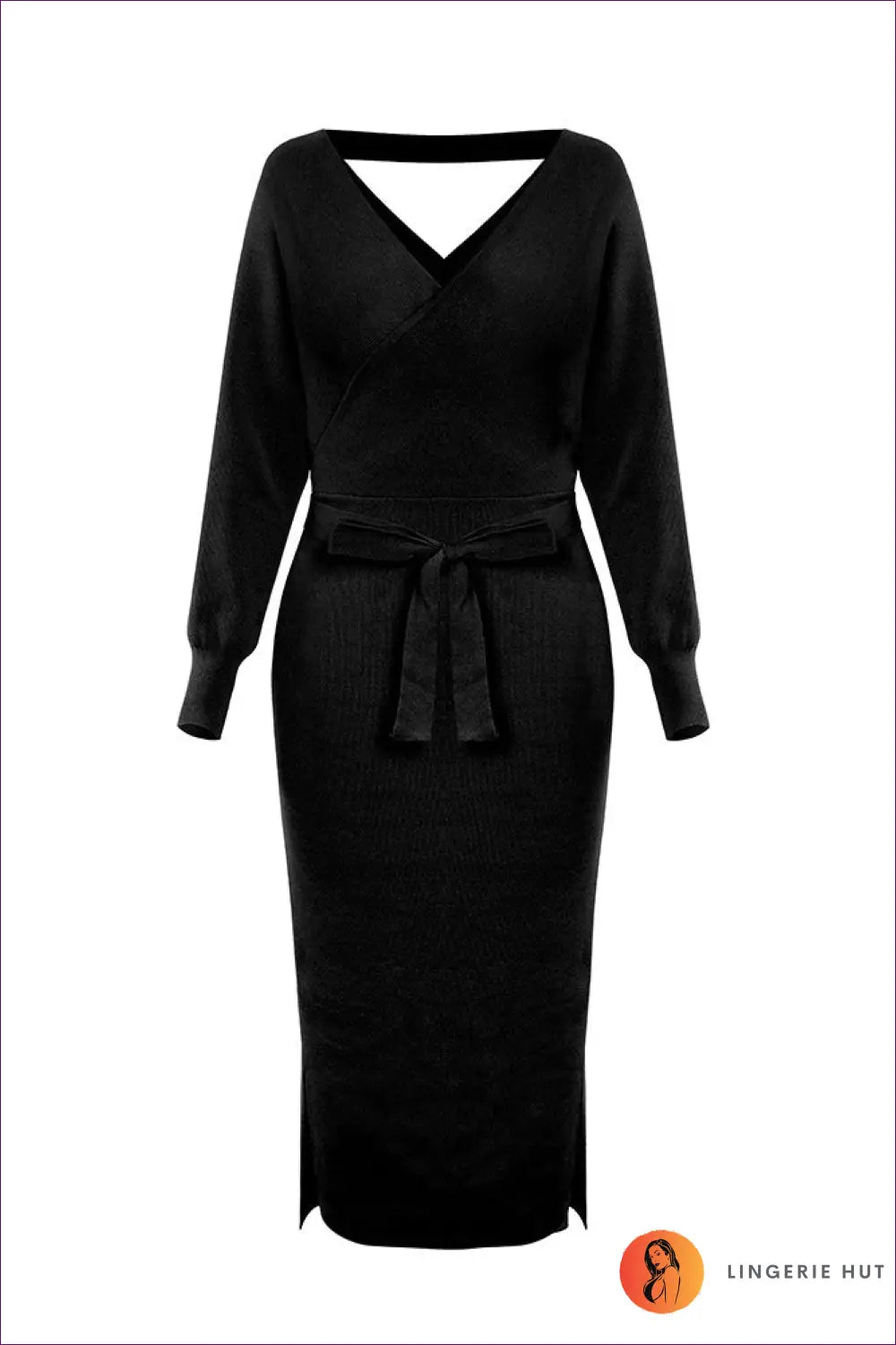 Wrap Sweater Midi Dress with Belt - Autumn Lounge Elegance - S-m / Black - Dresses - Lingerie Hut - All Season • Autumn