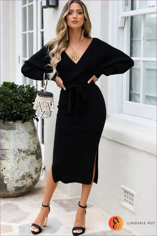 Wrap Sweater Midi Dress with Belt - Autumn Lounge Elegance for Autumn, Casual, just In,