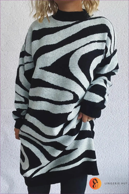 Zebra Print Knit Sweater Dress - Effortless Everyday Edge - s / Black - Dresses - Lingerie Hut - All Season • Animal