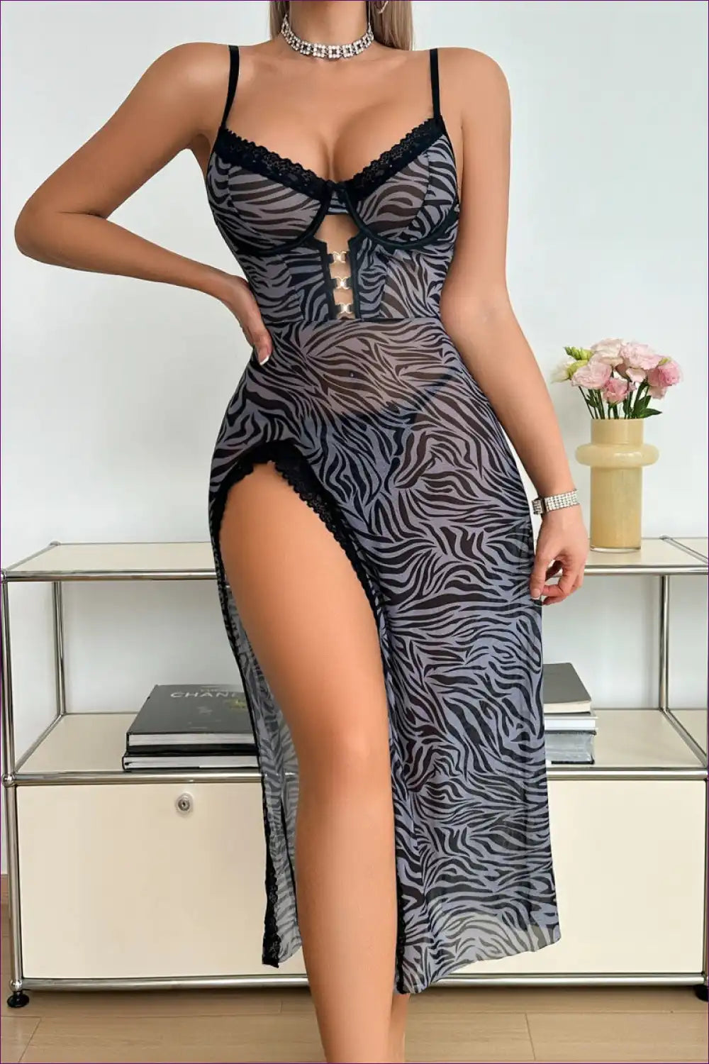 Zebra Print Sheer Maxi Dress - High Slit Lingerie Gown for Animal, Boudoir, Dresses, Evening Wear, Glamour